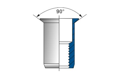 Technical drawing of a blind rivet nut with countersunk head