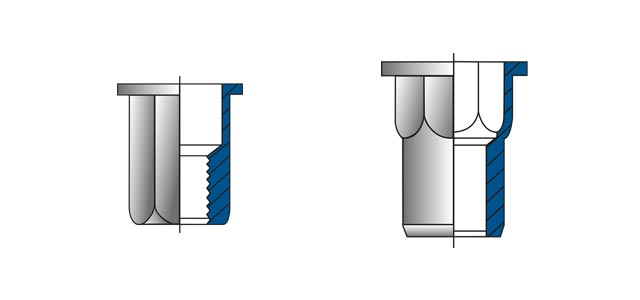 Technical drawing of a blind rivet nut with hexagonal shank (left) and partial hexagonal shank (right)