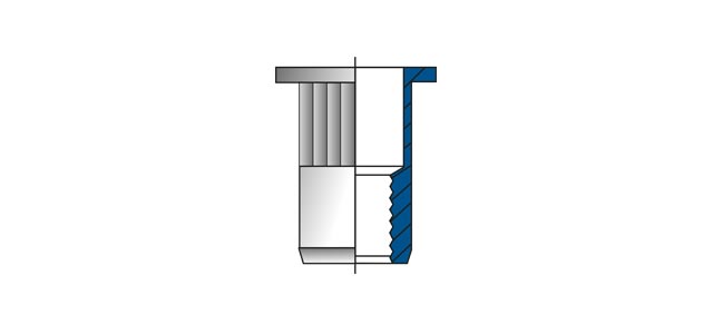 Technical drawing of a blind rivet nut with knurled shank