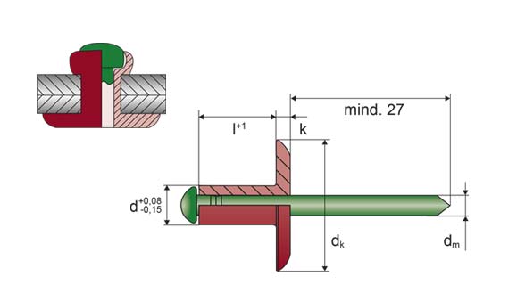 Technical drawing of standard blind rivet ALFO. Large dome head, head: Aluminium, mandrel: Stainless steel A2