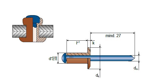 Standardniet Alfo, Material: Kupfer/Stahl - technische Zeichnung