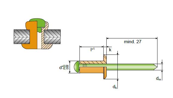 Standardniet Alfo, Material Nickel-Kupfer/Edelstahl A4, Flachkopf - technische Zeichnung