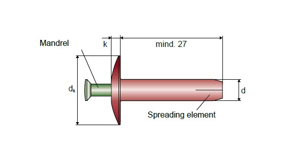 Hammer drive blind rivet, material: Aluminium/stainless steel A2. Head: Dome head - technical drawing