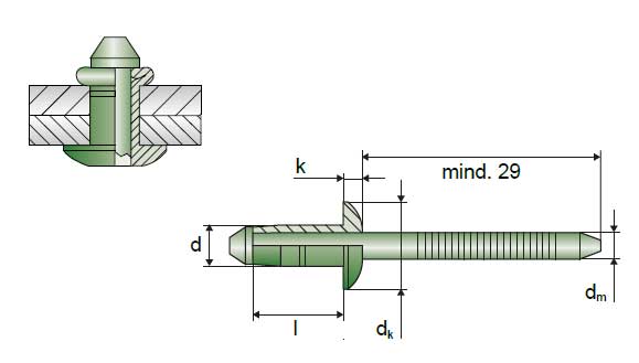 Rivet aveugle multi-serrage OPTO-BULB. Matériel: Inox A2/inox A2. Form de tête: Tête plate - dessin technique