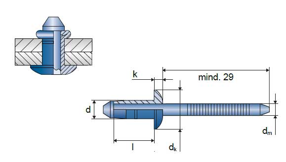Rivet aveugle multi-serrage OPTO-BULB. Matériel: Acier zingué/acier zingué. Form de tête: Tête plate - dessin technique
