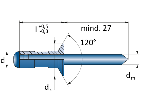 Mehrbereichsblindniet Opto Material: Stahl/Stahl, Kopfform: Senkkopf - technische Zeichnung.