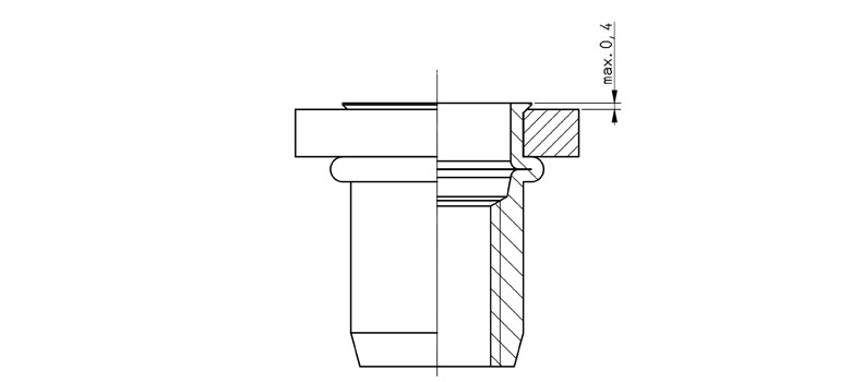 Drawing of a standard countersunk blind rivet nut. Protrusion approx. 0.4 mm.